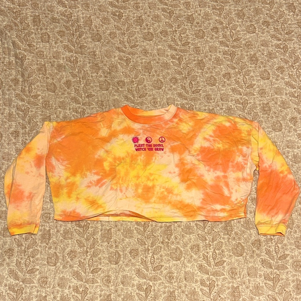 Tie-Dye Cropped Long Sleeve Tee - Orange and Yellow
